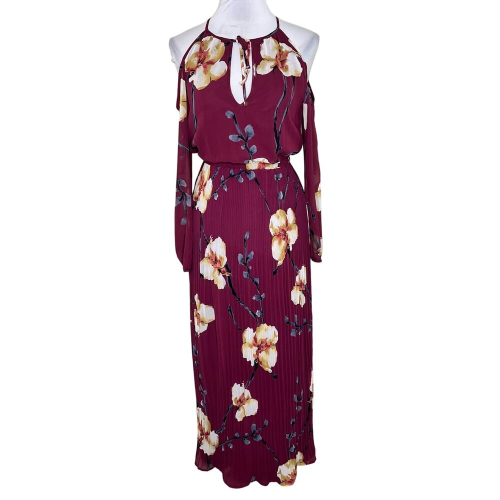 NWT Le Chateau Pleated Maxi Dress XXS Burgundy Floral Cold Shoulder Blouson Chic